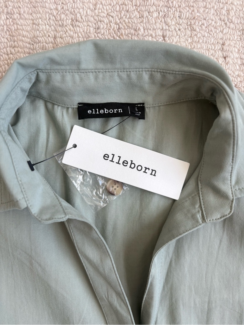 PinkBlush Elleborn Sage Green Tiered Dress Puff Sleeve Collared Button L NWT - Picture 10 of 12